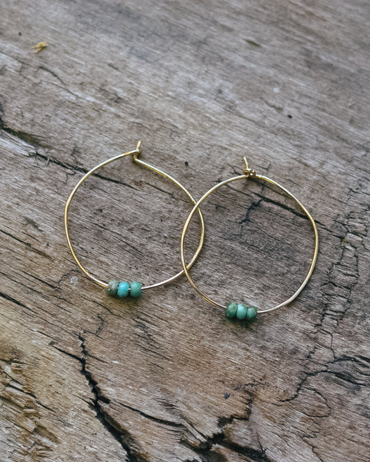 14K gold Hoops || Emerald Valley Turquoise || 3mm