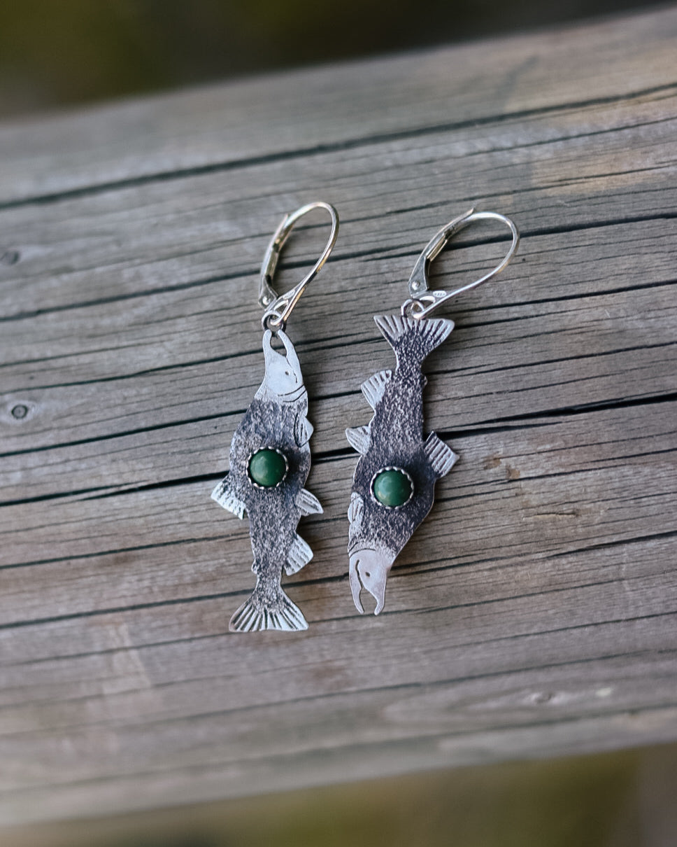 Kokanee Salmon Earrings || Dark Green Turquoise