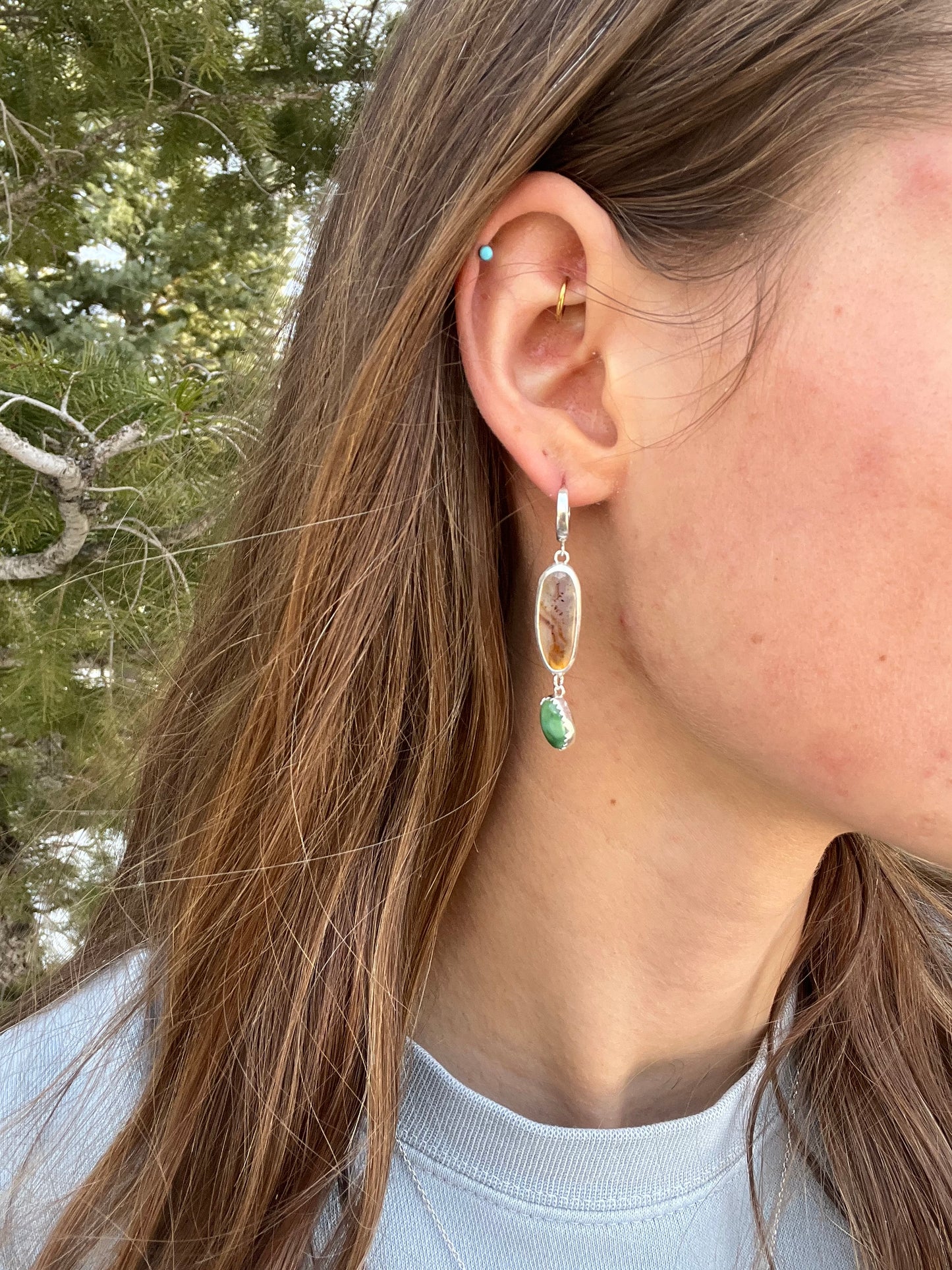 Montana Agate | Emerald Valley Turquoise || Trout Huggie Hoop Earrings